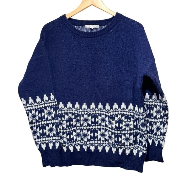 Alexia Admor Fair Isle Bulky Knit Navy Blue White Sweater Pockets Womens Medium - Picture 2 of 9